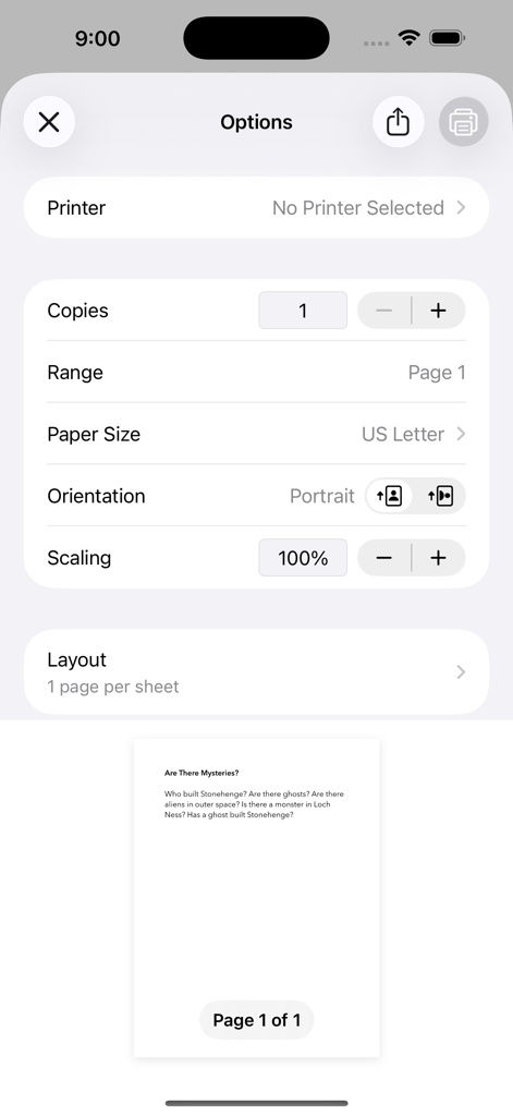 Minipad app print options and document preview screen