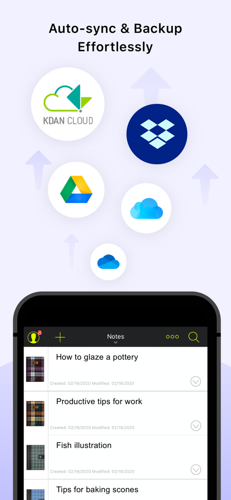 NoteLedge - Mood Board & Notes - Interfaccia dell'app NoteLedge che mostra opzioni di sincronizzazione cloud e un elenco di note di progetti creativi