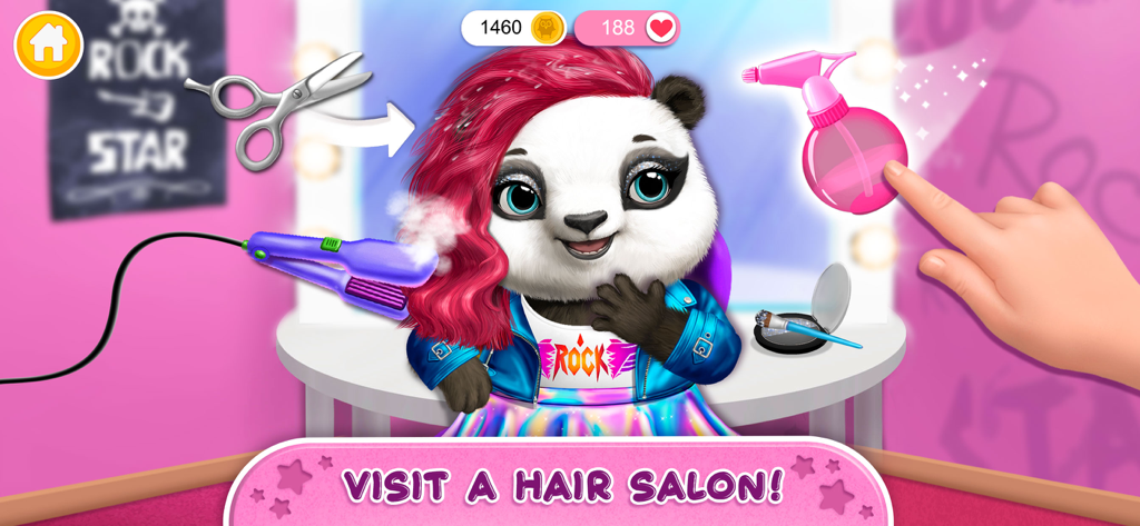 A panda character with bright pink hair getting a styling makeover in a rock star themed salon with hair tools.