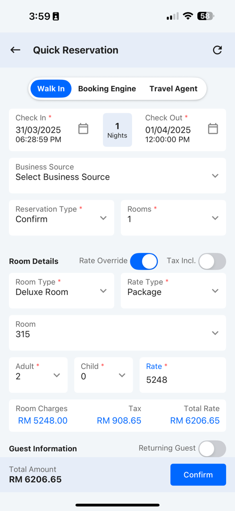 Mobile Benutzeroberfläche zum Erstellen einer schnellen Hotelreservierung mit Zimmerdetails und Preisen
