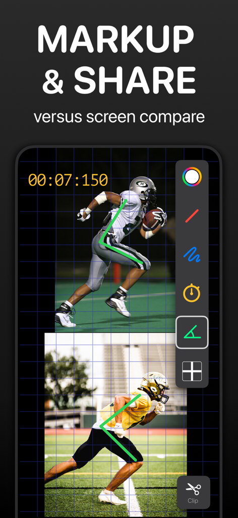 Side by side video comparison of football players with angle markup and grid overlay in the Coach Video Analysis app