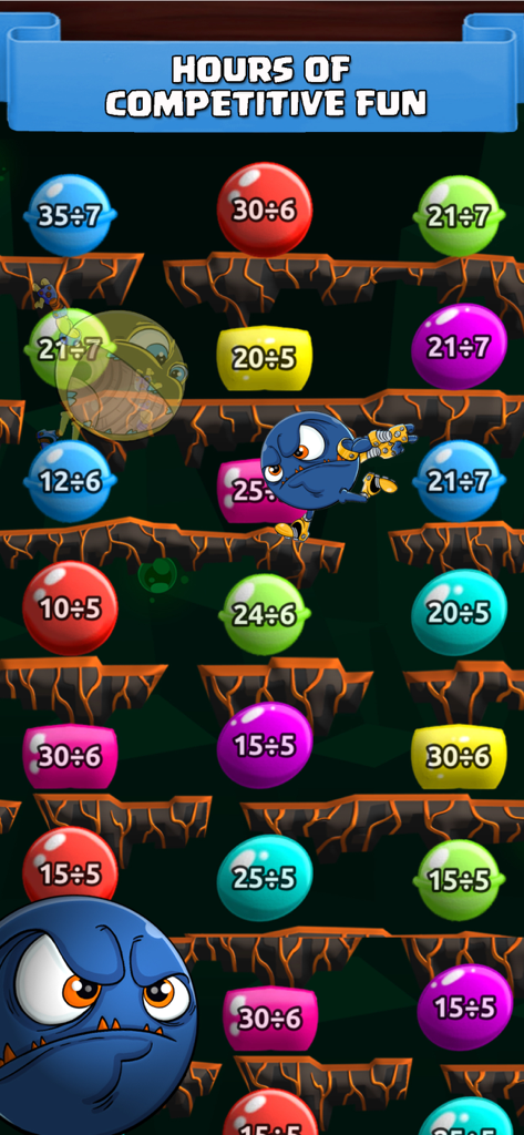 Math Duel: 2 Player Kids Games - Monster Math Duel gameplay showing colorful bubbles with division problems and cartoon monster characters.