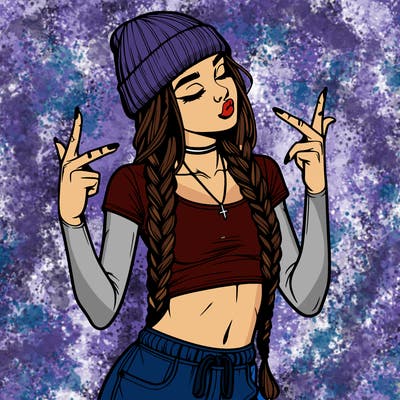realistic teenage girl with braids and a beanie and crop top doing 🫶🏼