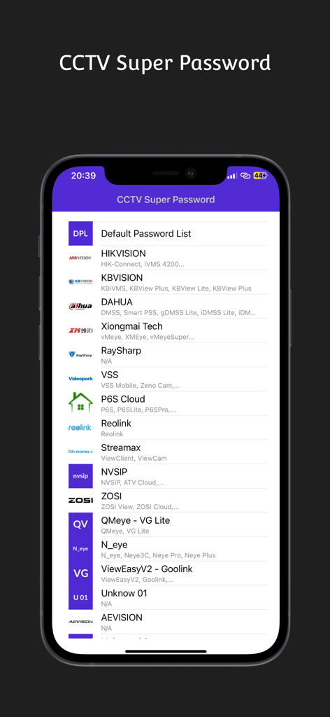 CCTV Super Password - List of supported CCTV brands including Hikvision and Dahua for password resets on the CCTV Super Password app.