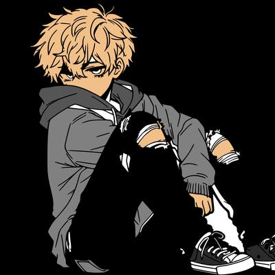 a male hoddie ripped jeans messy hair anime