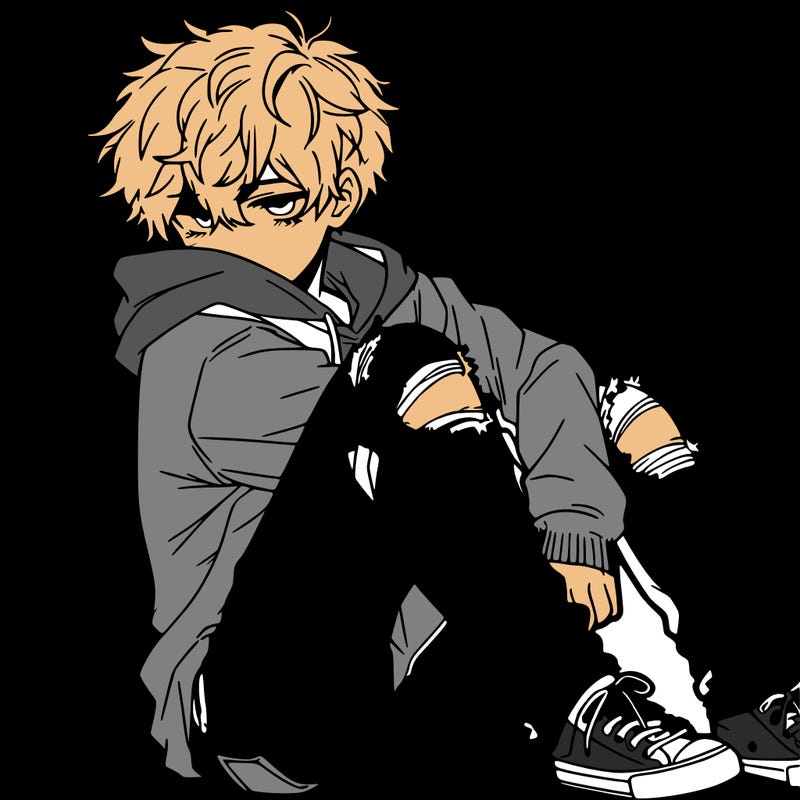 a male hoddie ripped jeans messy hair anime