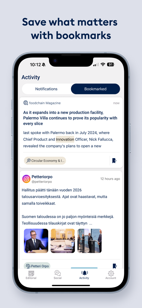 Retriever | Media Monitoring - Retriever app interface showing bookmarked news and social media mentions