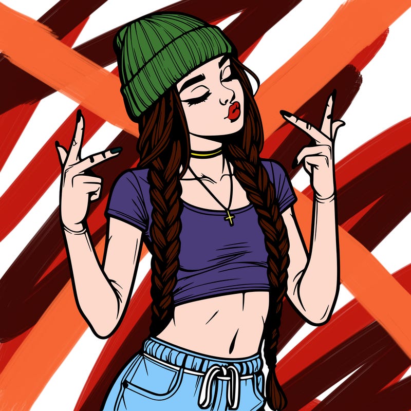 realistic teenage girl with braids and a beanie and crop top doing 🫶🏼