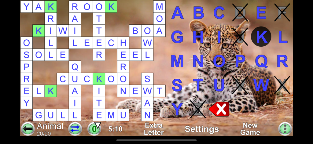 Codeword Unlimited + - A landscape view of a codeword puzzle board with animal-themed words and a leopard background image.