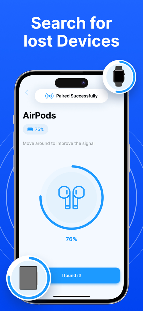 Interfaz de la aplicación iPhone que muestra un medidor de intensidad de señal para encontrar AirPods perdidos