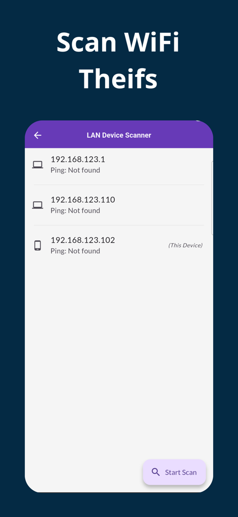 Wifi Password Automatic - Screenshot of the LAN Device Scanner interface showing connected network devices and their IP addresses