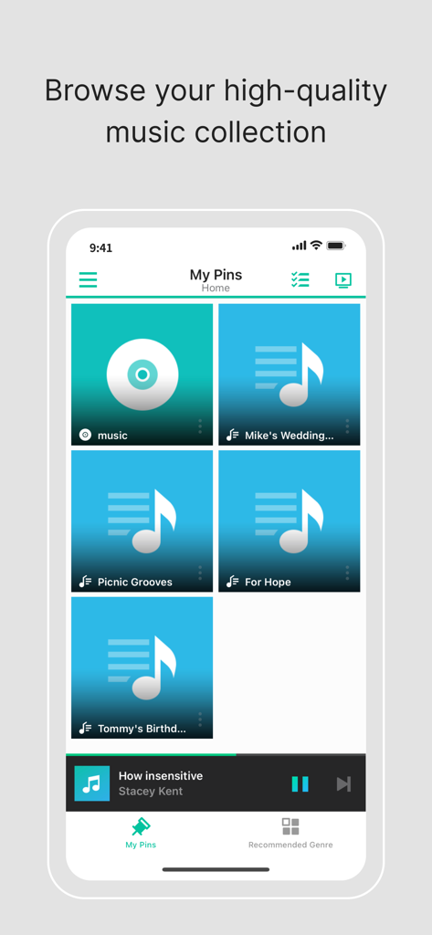 Interfaz de la aplicación móvil DS audio mostrando colecciones de música fijadas y controles de reproducción de la canción actual