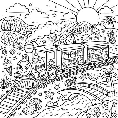 Get ready for a sun-filled adventure with this adorable train coloring page, specially designed for kids. It features a cheerful locomotive chugging through a vibrant summer landscape, promising hours of creative fun.