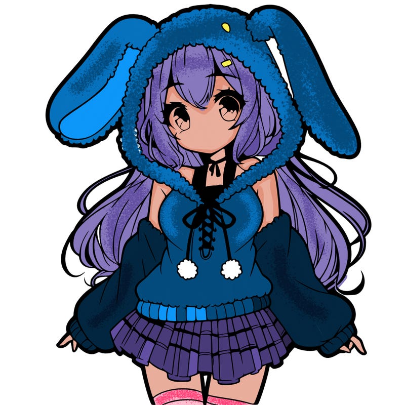 pretty anime girl wearing a fluffy hoodie with bunny ears on the hood and a skirt