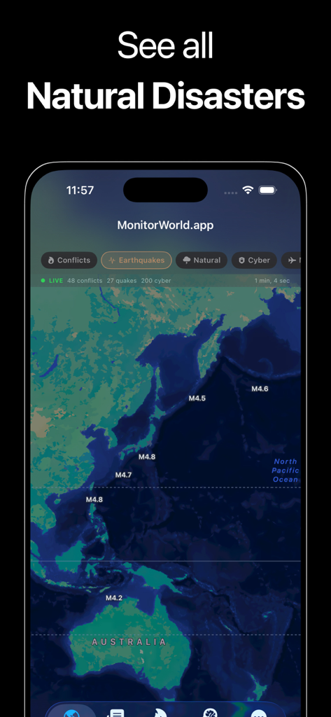 World Monitor App - Interactive world map in the World Monitor App showing real time earthquake locations and magnitudes across the Pacific Ocean and Australia