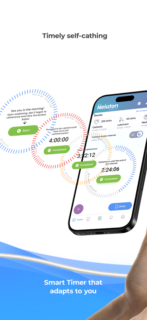 Nelaton: Self-Catheterization - Nelaton app interface showing the smart interval timer and catheter supply tracking on an iPhone screen