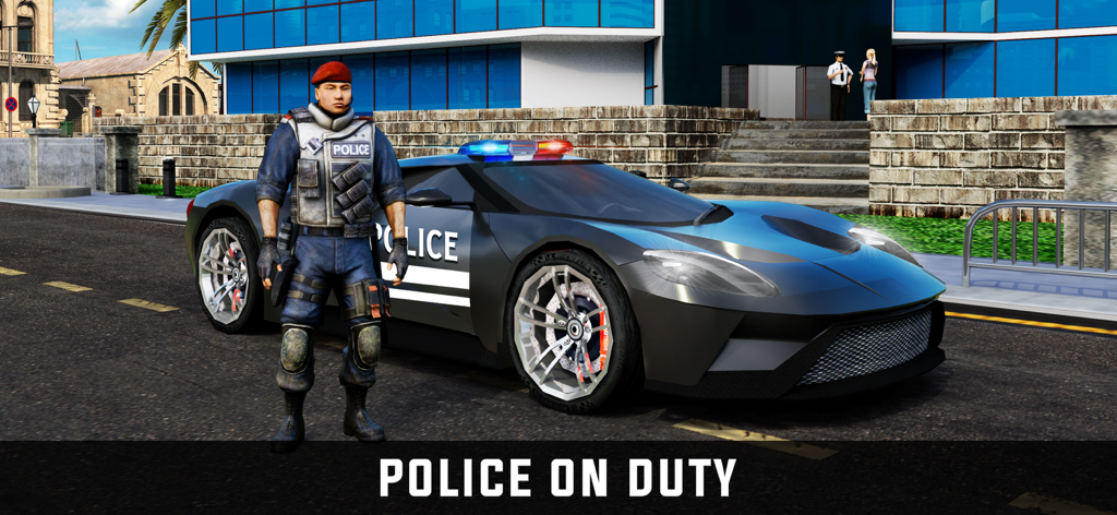 Police Simulator Games 2024 - Um policial em equipamento tático ao lado de um supercarro policial de alta performance com luzes piscando.