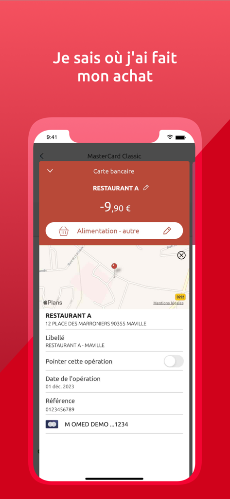 Interface de l'application mobile Banxo montrant une transaction géolocalisée avec une carte et les détails de l'achat