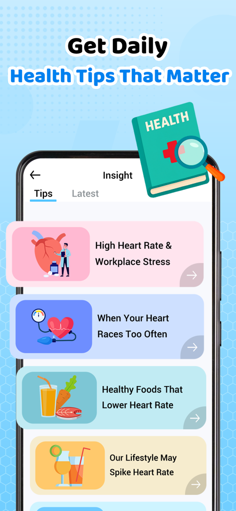 HeartEase: BP Tracker - Pantalla de información de la aplicación HeartEase que muestra consejos educativos sobre el estrés de la frecuencia cardíaca y la nutrición saludable