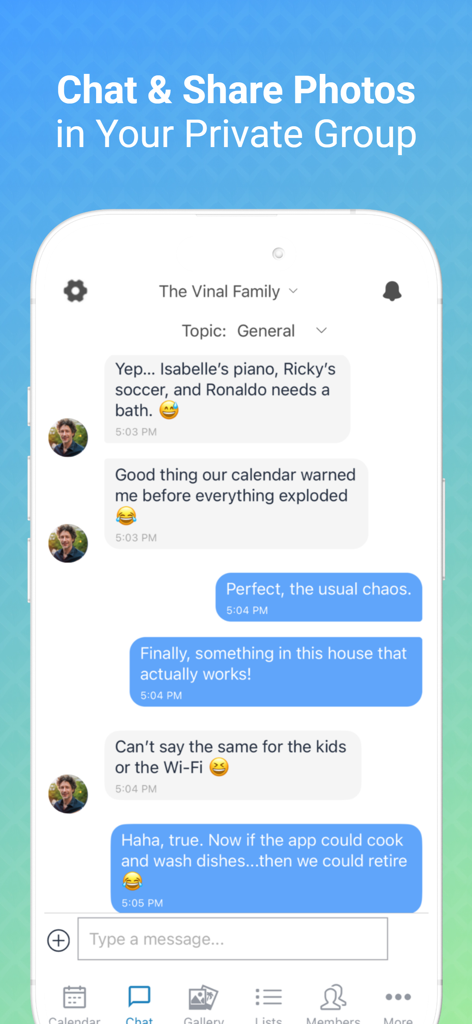Podz app private group chat interface showing family messages and scheduling discussion