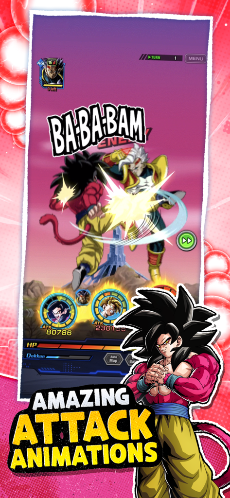 DRAGON BALL Z DOKKAN BATTLE - Captura de tela de batalha no jogo de Dragon Ball Z Dokkan Battle com Goku Super Saiyajin 4 e o texto Animações de Ataque Incríveis