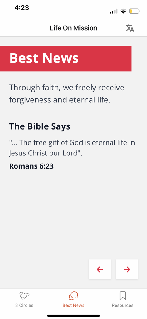 Aplicación Life on Mission mostrando la sección Best News con un versículo bíblico de Romanos 6:23