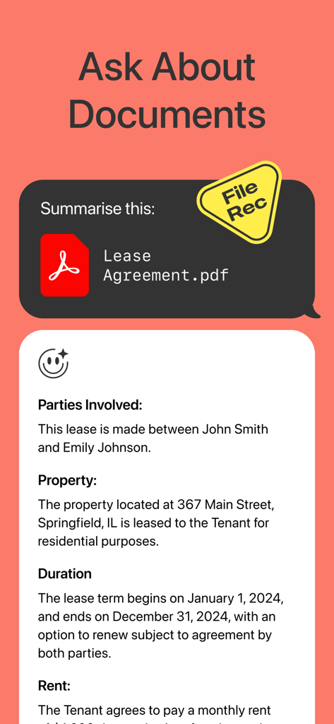 Yuna AI - Chatbot & Assistant - Yuna AI app screen demonstrating a lease agreement PDF summarization with details on parties involved and property information