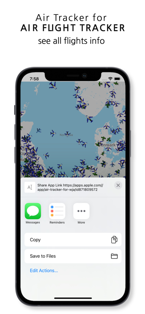 Air Flight Tracker - Air Flight Tracker app showing a live radar map with flight icons and a share menu on an iPhone.
