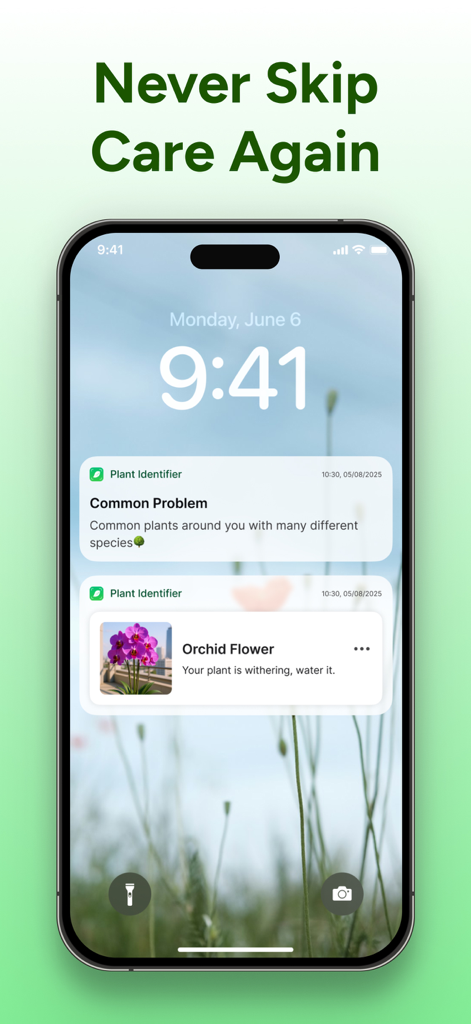 PlantCheck: Plant Identifier - Pantalla de bloqueo del iPhone que muestra notificaciones de cuidado de plantas y recordatorios de riego de la aplicación PlantCheck