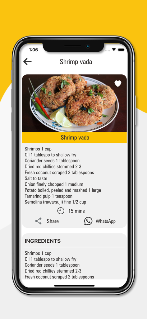 Easy Kitchen Recipes - Shrimp vada recipe page on the Easy Kitchen Recipes app showing ingredients and preparation time