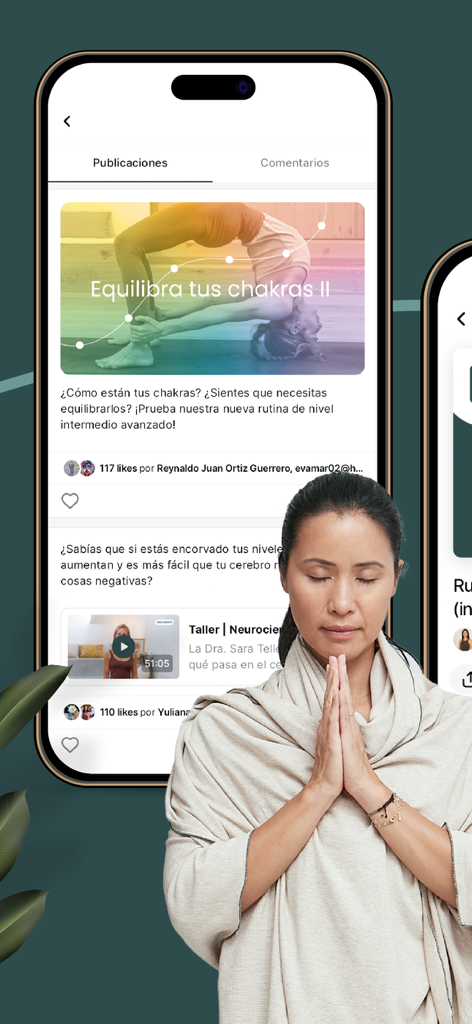 Xuan Lan Yoga y Bienestar - Xuan Lan Yoga app interface showing community wellness posts and a woman in a meditative pose.