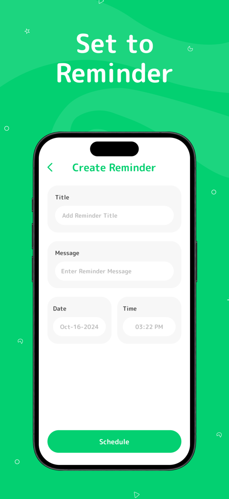 WebChat For WApp Messenger - Smartphone screen showing the create reminder and message scheduling interface.