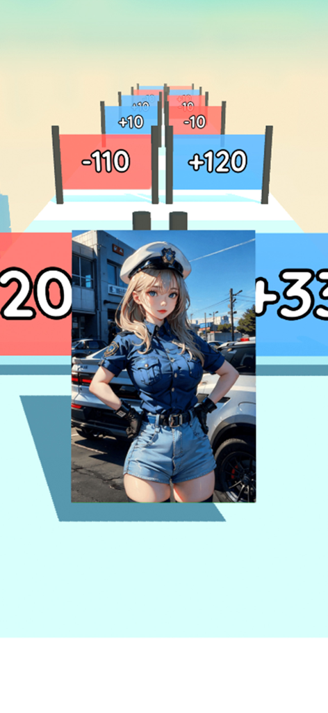 Card Run: AI Evolution - A character card of an anime police officer being upgraded through mathematical gates in a mobile runner game