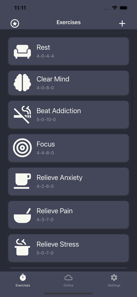 Open Breathwork Freely Breathe - Une liste d'exercices de respiration dans l'application Open Breathwork, y compris des options pour le Repos, l'Esprit Clair et la Concentration.