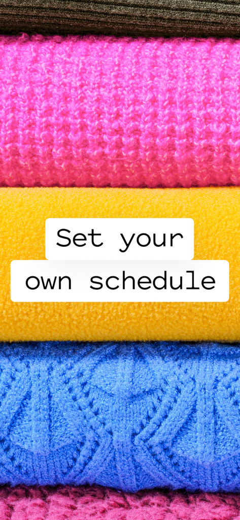 Poplin for Laundry Pros - Pilha de roupas coloridas cuidadosamente dobradas com o texto defina seu próprio horário