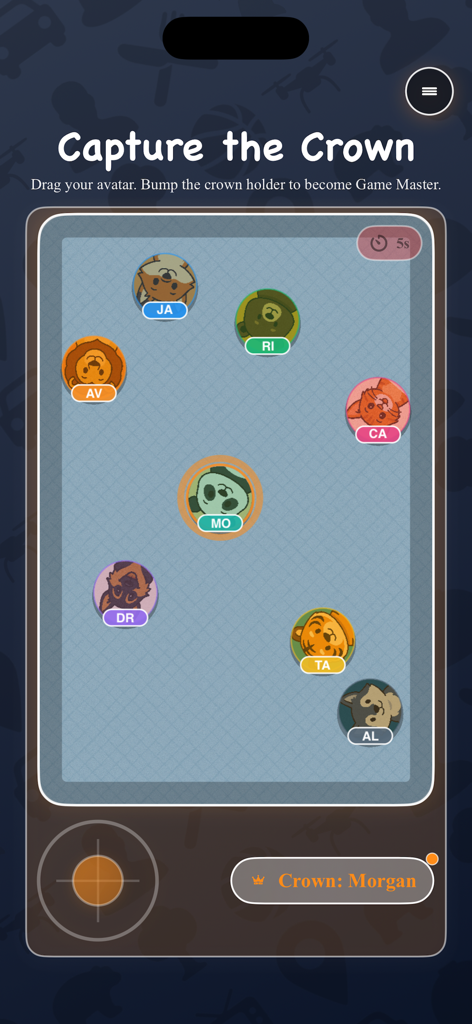 Capture the Crown multiplayer mode in 2Q - 20 Questions featuring animal avatars and a game master selection screen