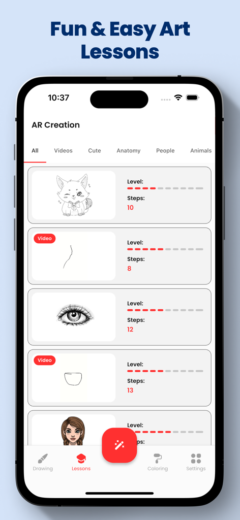 Pantalla de la aplicación AR Drawing que muestra una lista de lecciones de arte con niveles de dificultad y tutoriales paso a paso