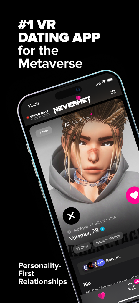 Un smartphone affichant la page de profil de l'application de rencontres VR Nevermet montrant un avatar numérique au lieu d'un visage humain pour des rencontres axées sur la personnalité.