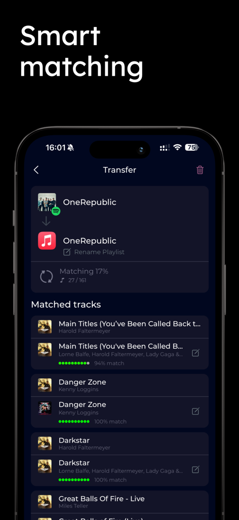 Music transfer & stats: Swapy - Interfaz de la aplicación Swapy que muestra la coincidencia inteligente para la transferencia de playlists de música de Spotify a Apple Music