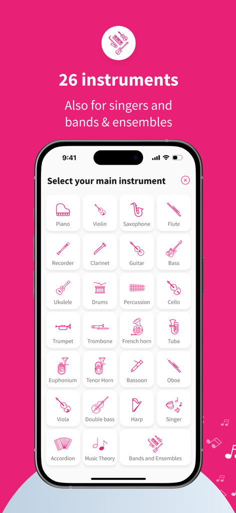 Mobile screen showing the Tomplay app instrument selection menu with icons for piano violin saxophone and more
