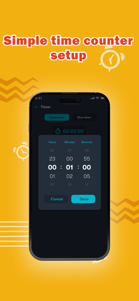 Alarm Clock - Wake up alarm - Simple time counter setup screen with hours, minutes, and seconds picker in the Alarm Clock app interface.