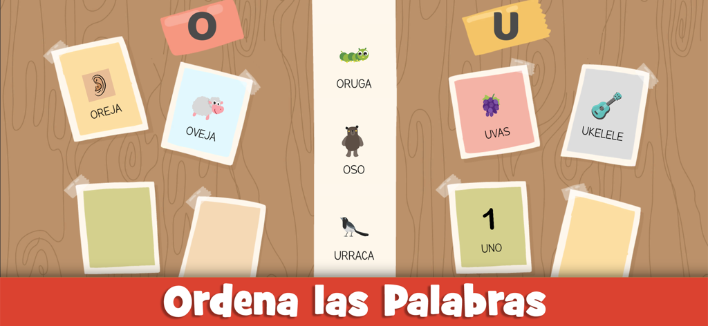 Actividad educativa donde los niños clasifican palabras en español que comienzan con las vocales O y U.