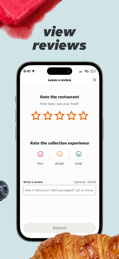 Just Eat - Food Delivery - Review interface in the Just Eat app showing star ratings for food and emoji ratings for collection experience