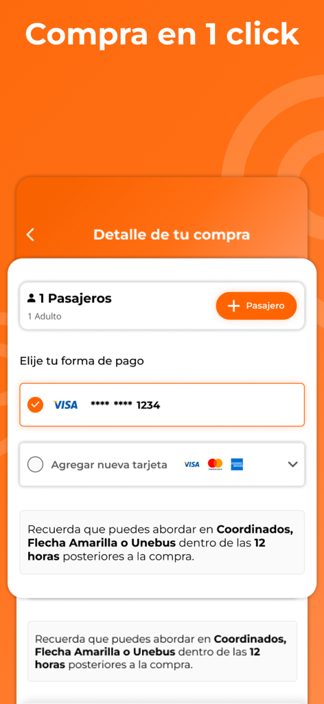 Pantalla de pago de la aplicación Conecta GFA mostrando la opción de pago con un clic para boletos de autobús