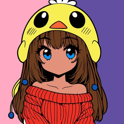 anime girl with chick shaped hat with sweater with bare shoulders with bangs covering them one eye with low tail
