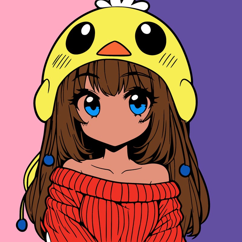 anime girl with chick shaped hat with sweater with bare shoulders with bangs covering them one eye with low tail