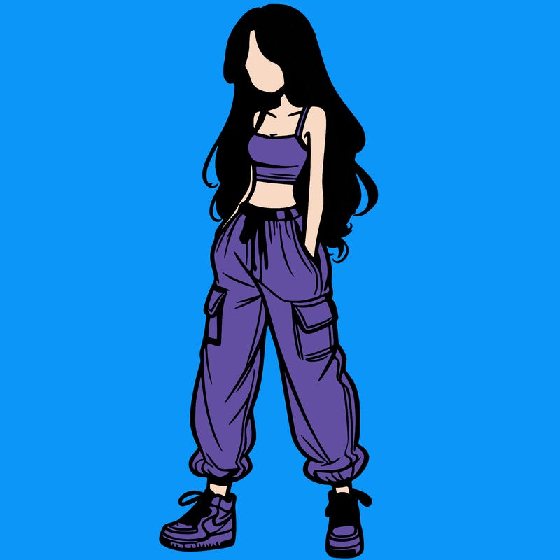 girl in baggy pants crop top and long hair