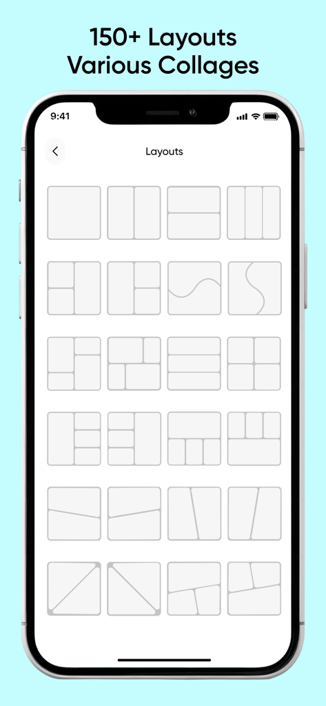 AI Collage Maker: Auto Collage - Una pantalla de móvil que muestra una variedad de diseños de collage de fotos y patrones de cuadrícula para publicaciones en redes sociales.