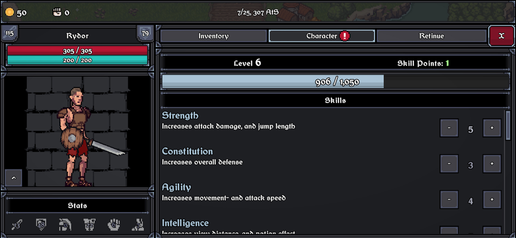 Blades of Deceron - Character skills and attributes screen in Blades of Deceron showing a pixel art warrior and stats like strength and agility