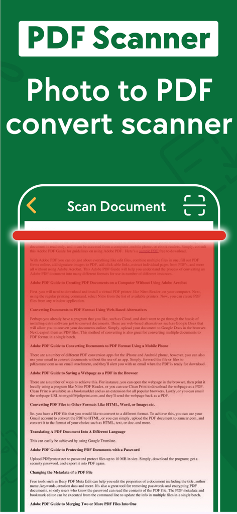 Interface de um aplicativo móvel mostrando um documento sendo digitalizado para conversão de foto para PDF.